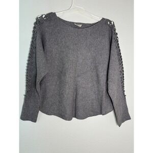 Ember Gray Knit Sweater XL Lattice Cut Out Beaded Sleeve Boat Neck Pullover‎